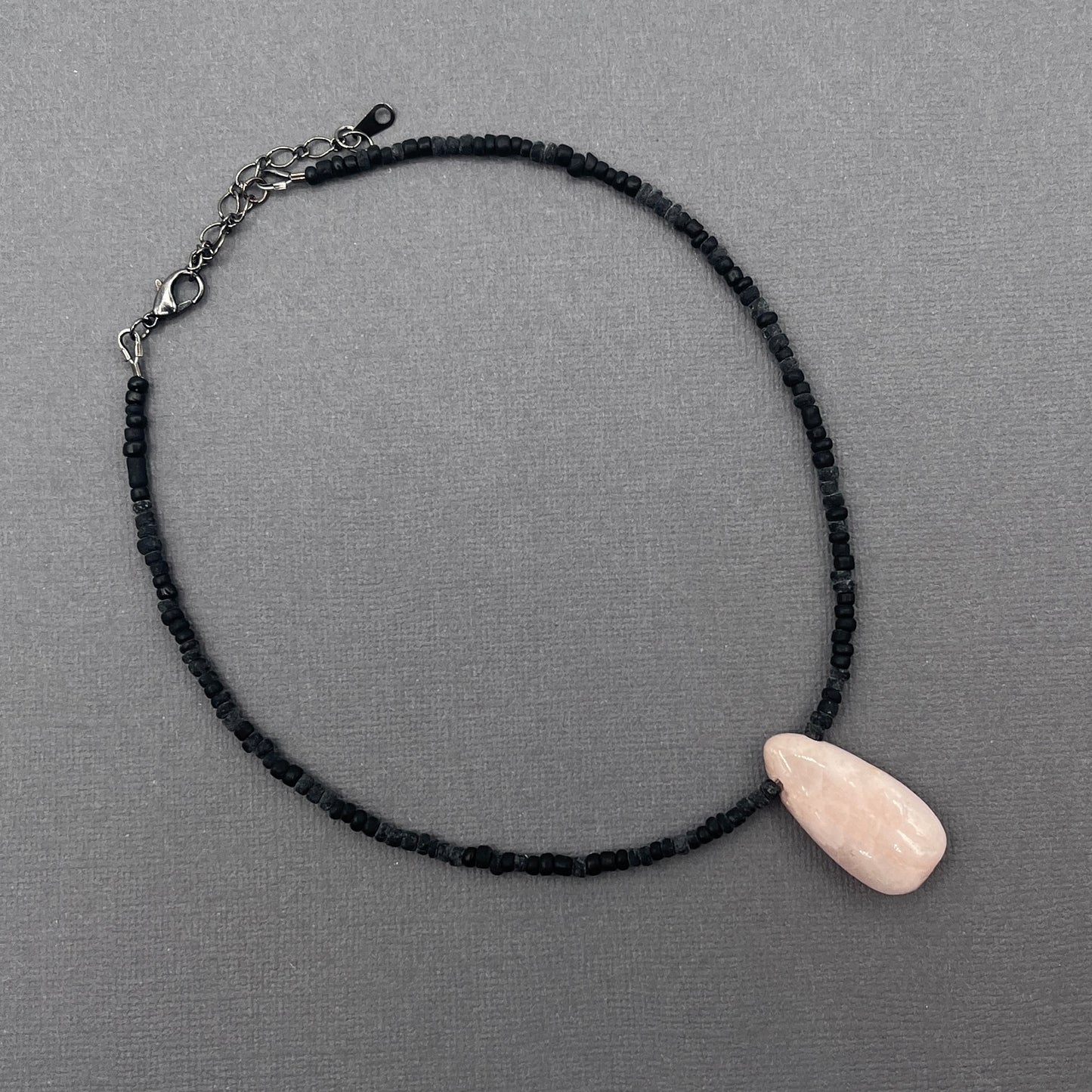 Rose Quartz Pendant Necklace with Matte Black Seed Beads
