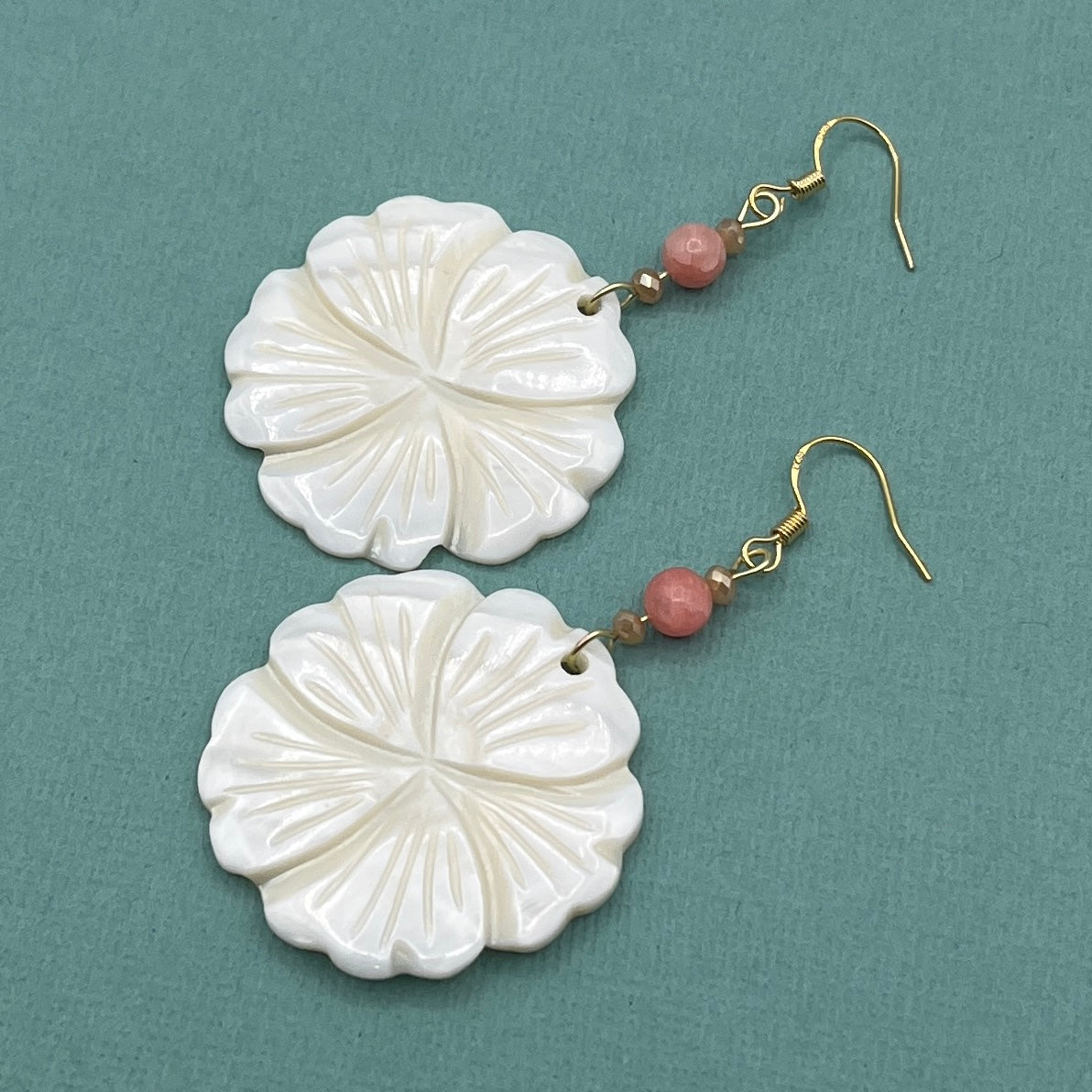 White Hibiscus Shell Pendant Earrings with Pink Shell Accent Bead and Gold Plated Ear Wires