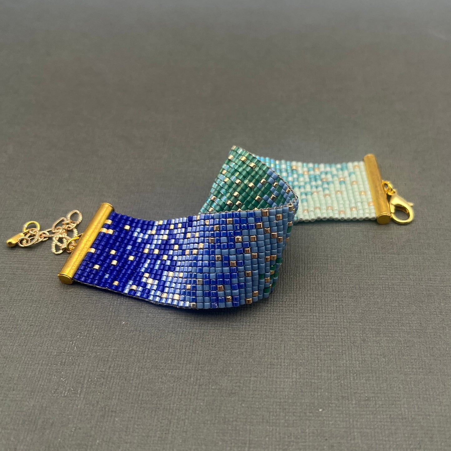 Blue and Green Woven Delica Beaded Bracelet