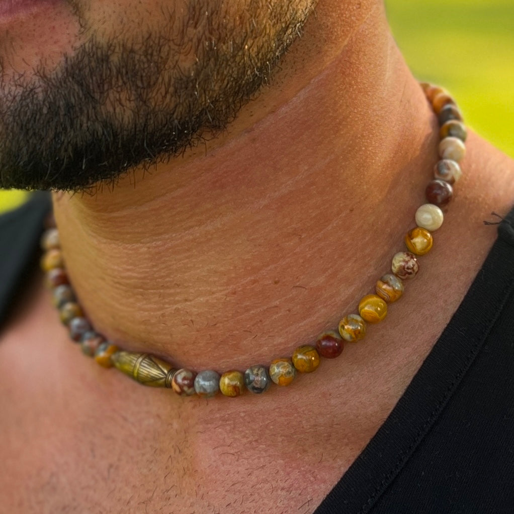 Men’s Masculine Beaded Collar Length Crazy Lace Agate Gemstone Necklace
