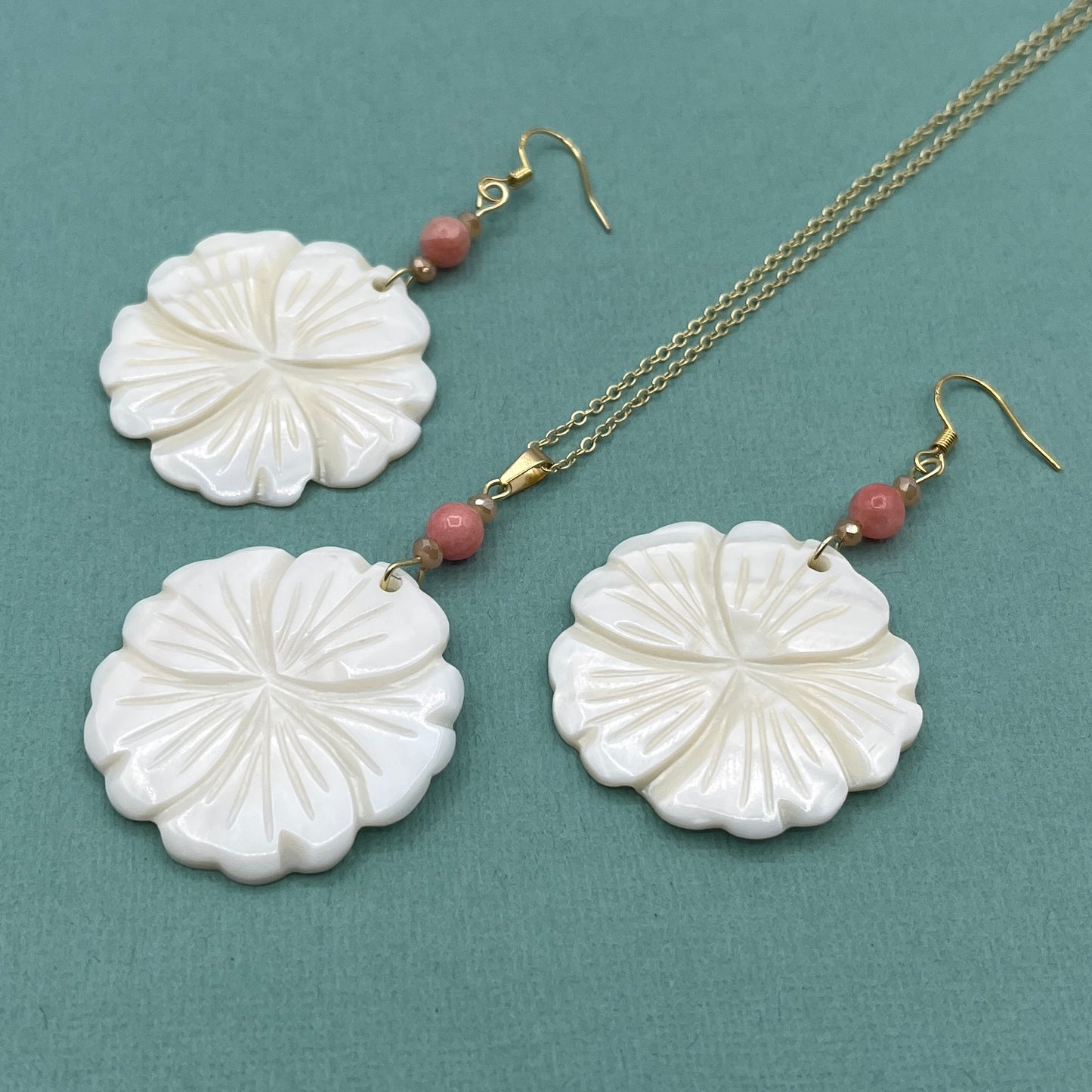 White Hibiscus Shell Pendant Earrings with Pink Shell Accent Bead and Gold Plated Ear Wires
