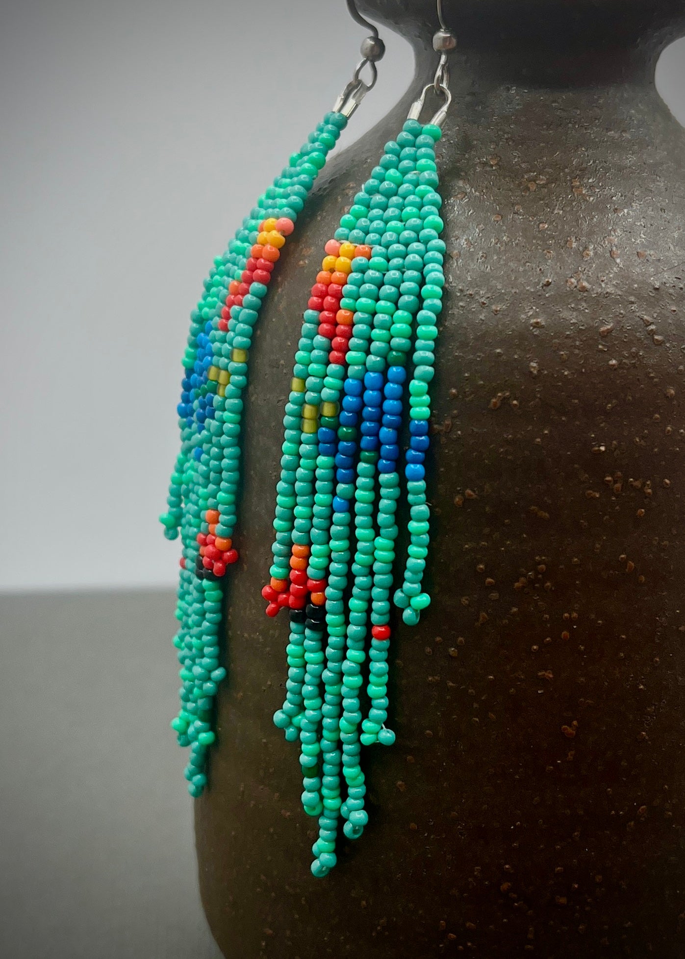 Handmade Turquoise Woven Fringe Beaded Dangle Earrings