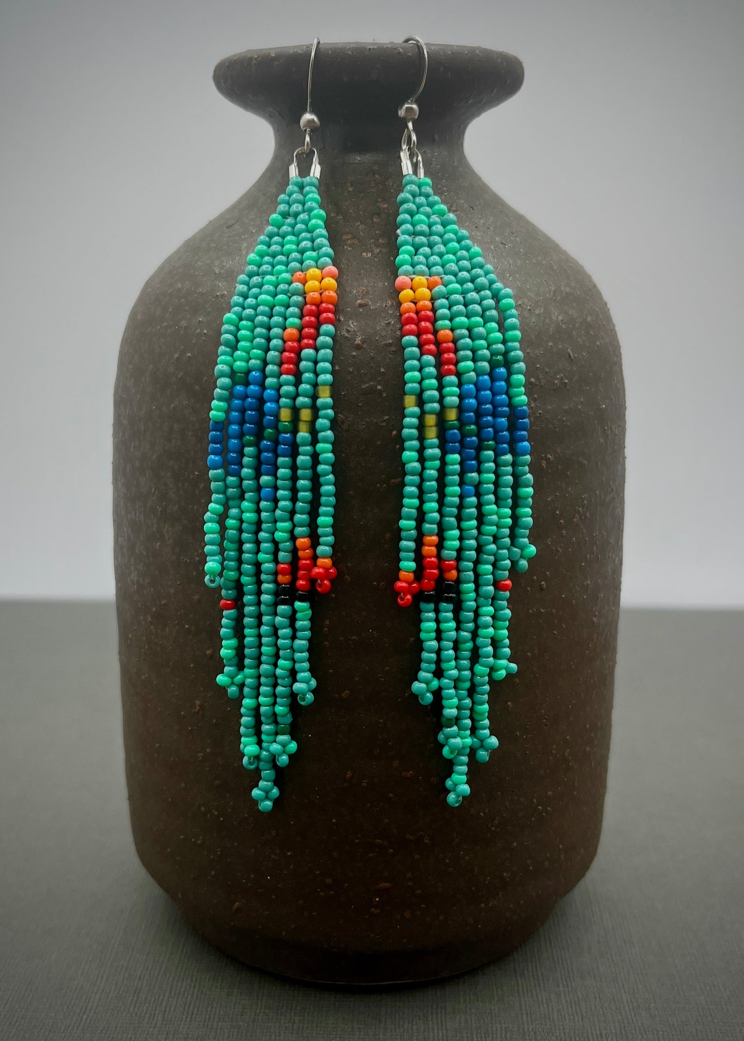 Handmade Turquoise Woven Fringe Beaded Dangle Earrings