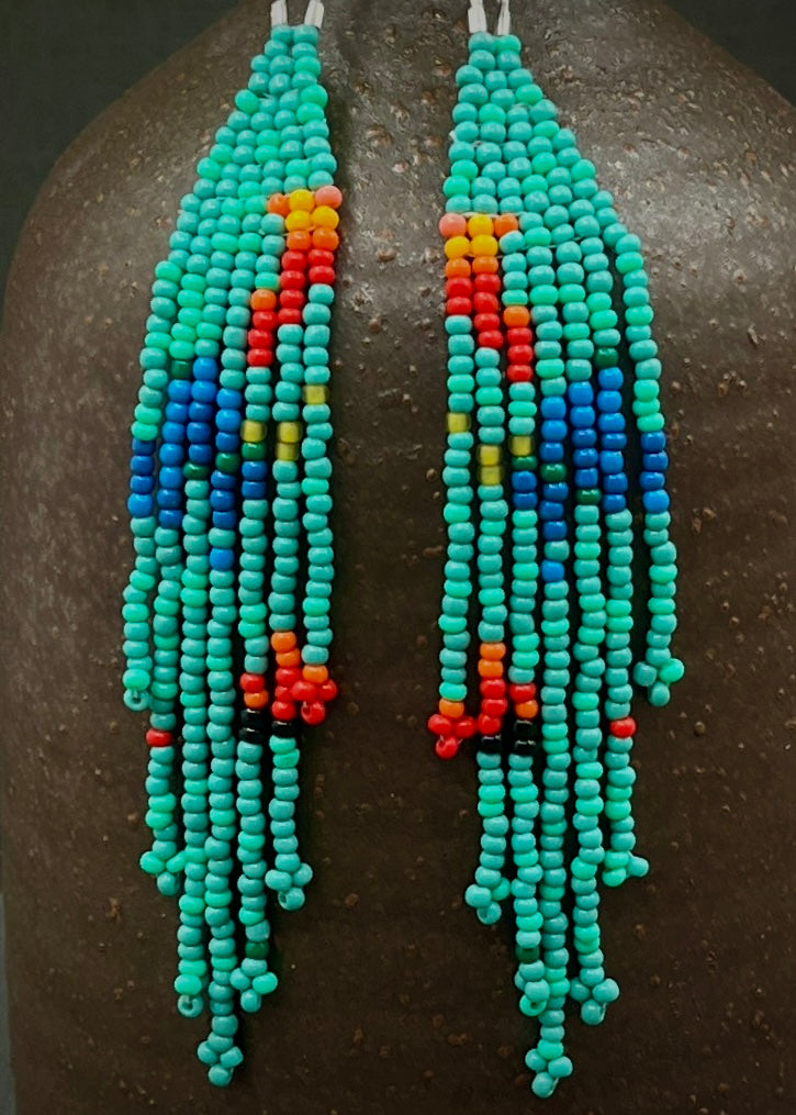 Handmade Turquoise Woven Fringe Beaded Dangle Earrings