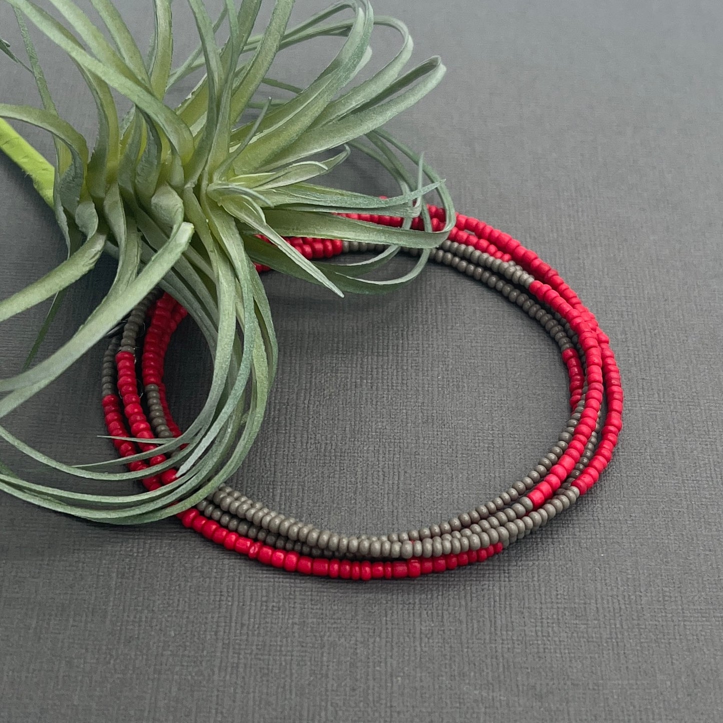 Five Layer Bright Red and Grey Beaded Bracelet