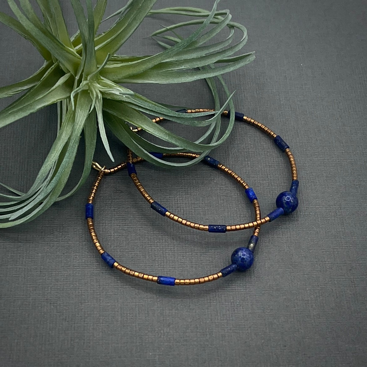 Genuine Gemstone Lapis Lazuli Blue and Bronze Miyuki Large Hoop Earrings