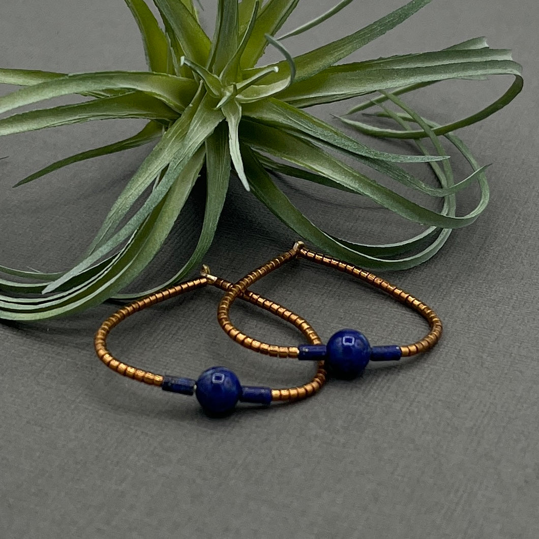 Genuine Gemstone Lapis Lazuli Blue and Bronze Miyuki Triangular Drop Earrings