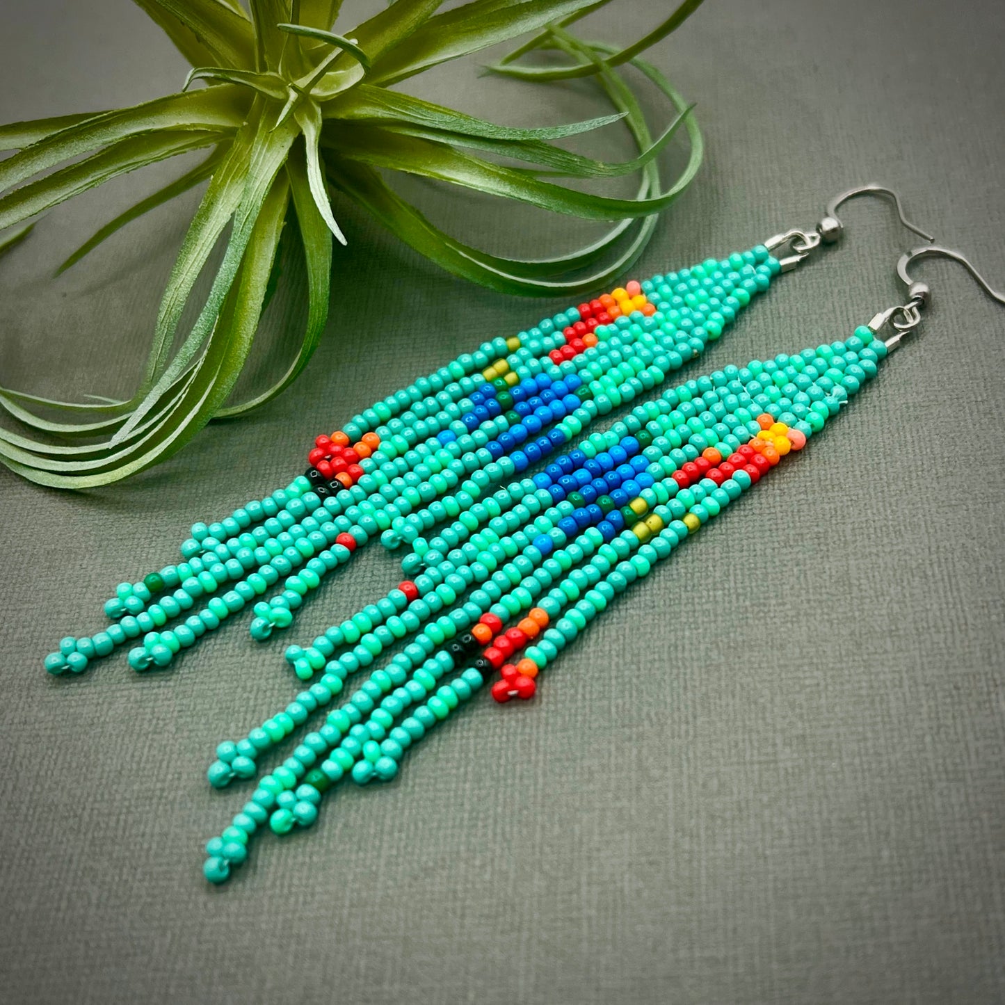 Handmade Turquoise Woven Fringe Beaded Dangle Earrings