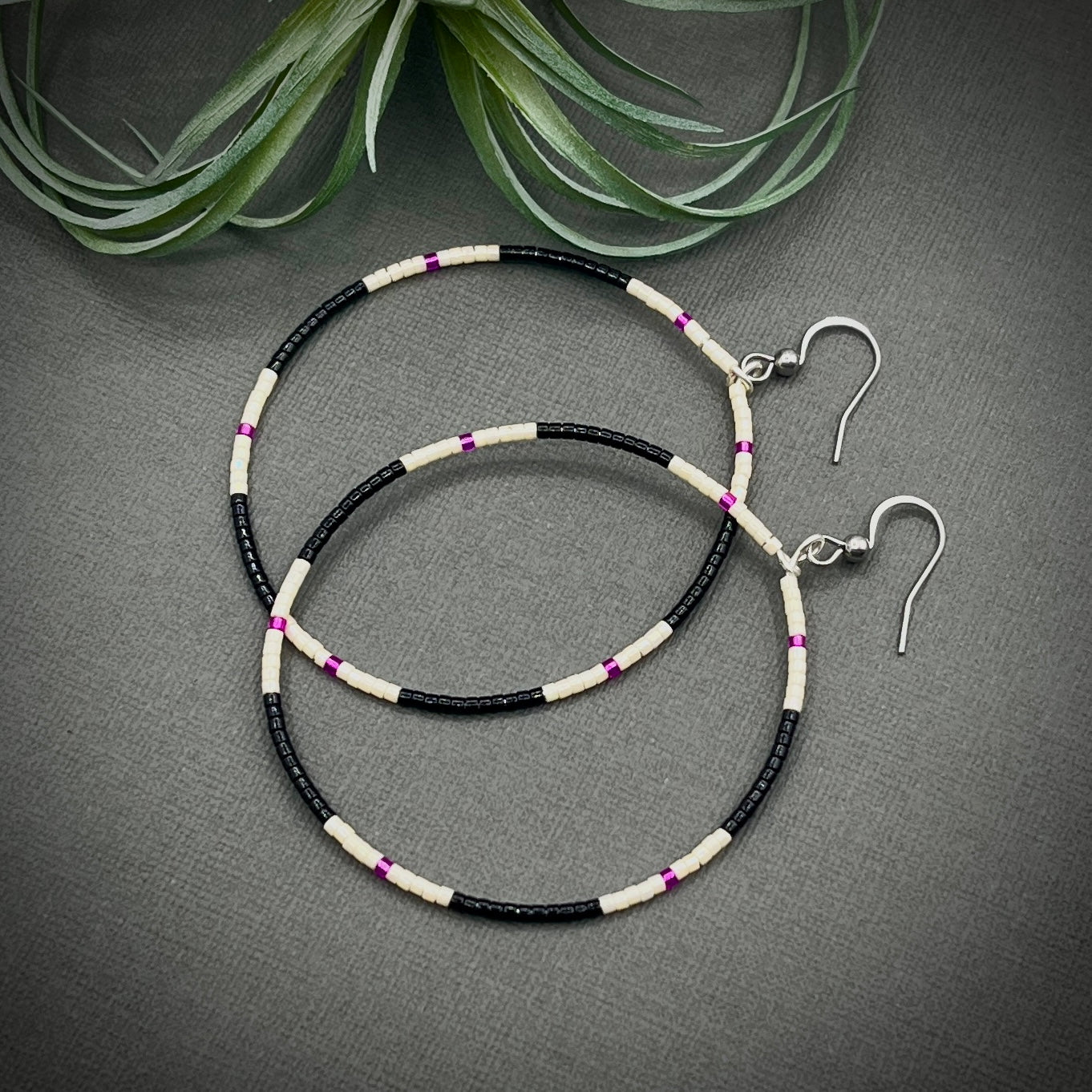 Black and White Miyuki Large Hoop Earrings with Pink Accents