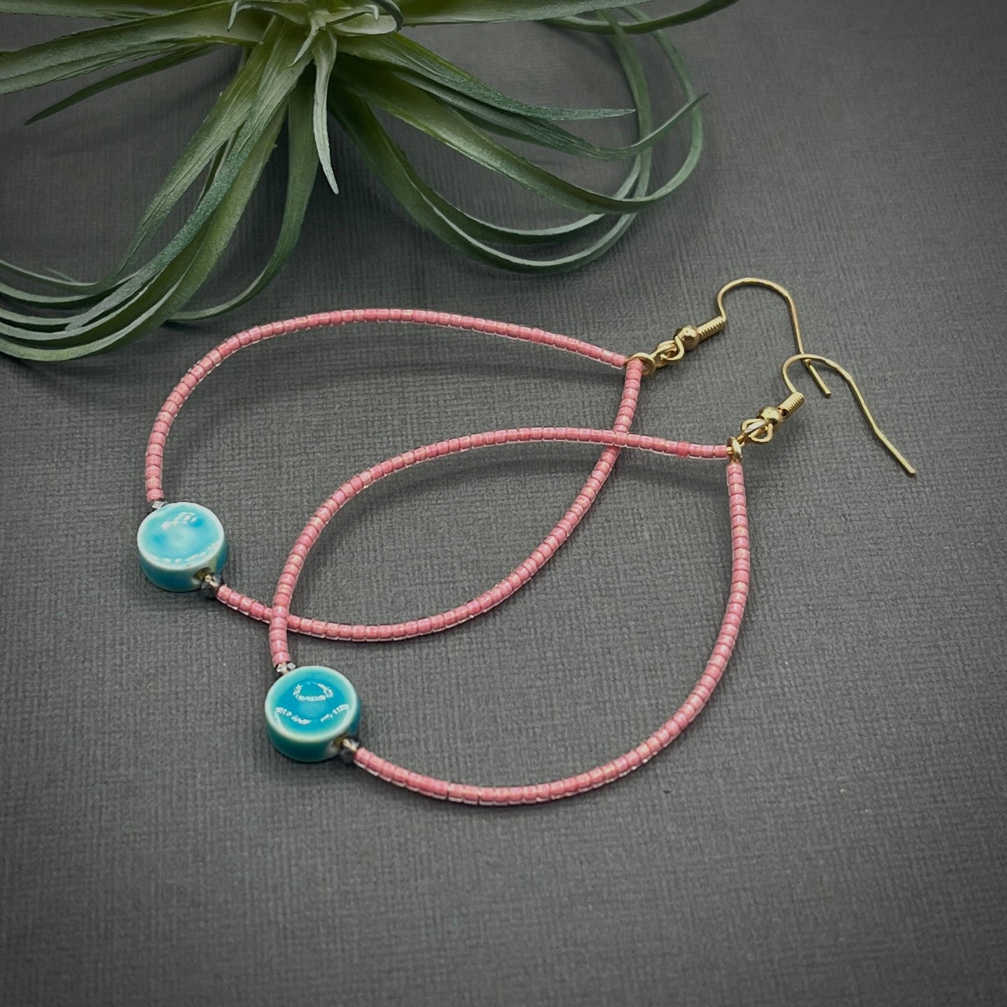 Small or Large Teardrop Pink and Blue/Green Beaded Earrings