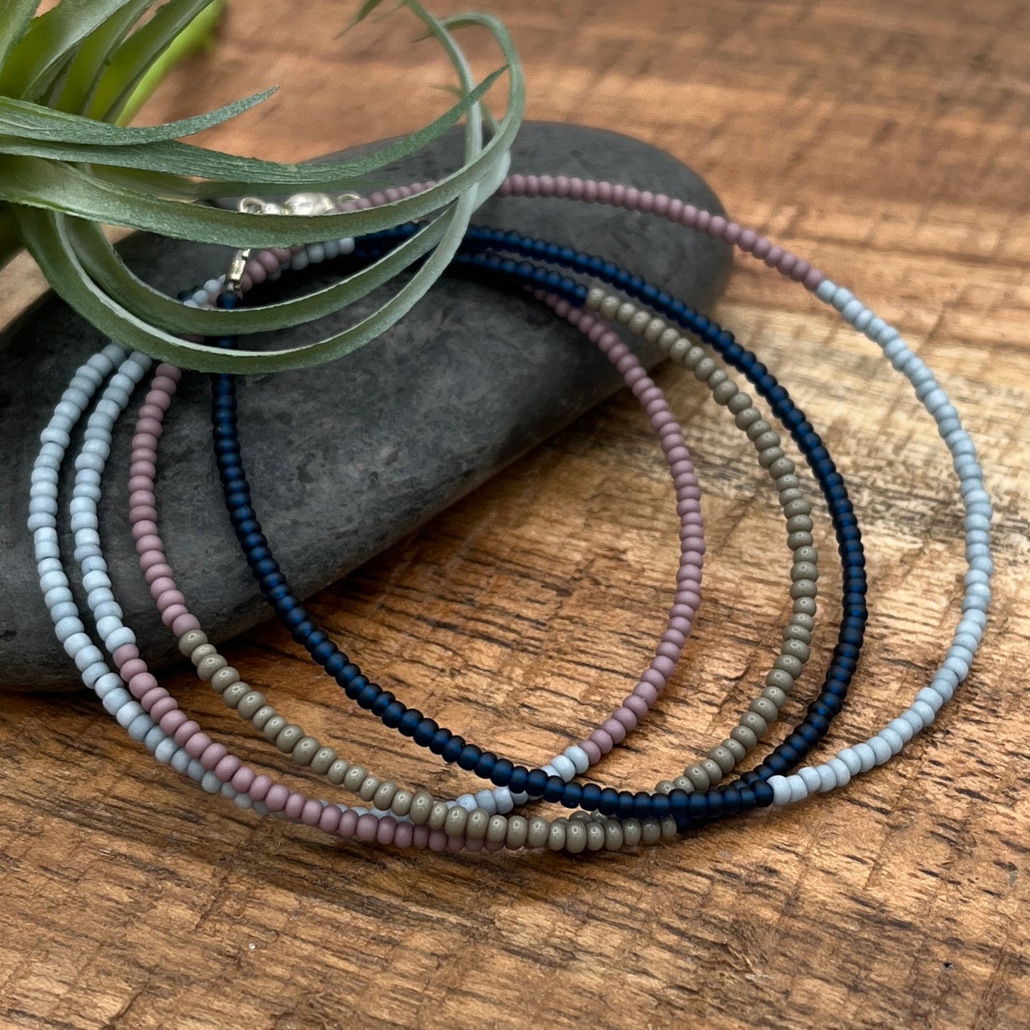 Five Layer Multicolored Navy Blue, Grey, Light Blue and Pink/Purple Beaded Bracelet