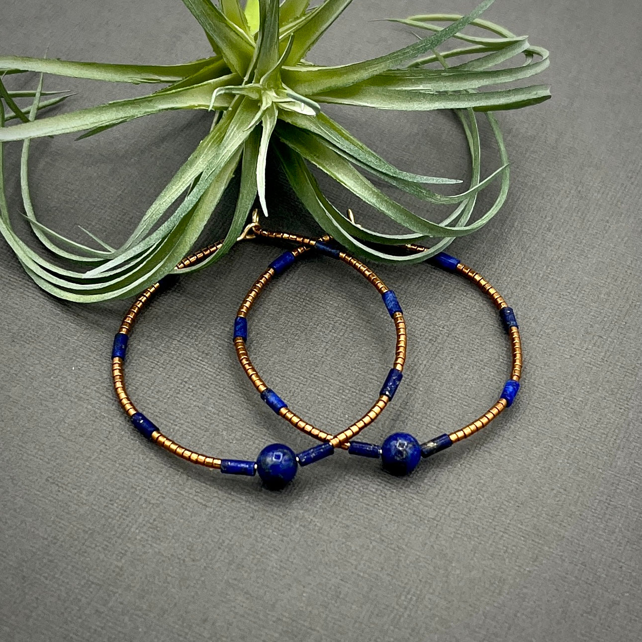 Genuine Gemstone Lapis Lazuli Blue and Bronze Miyuki Large Hoop Earrings