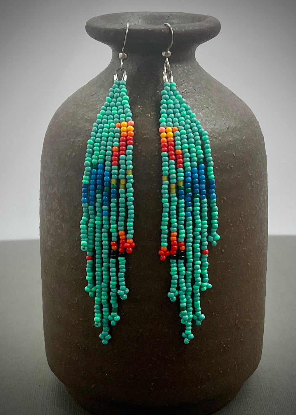 Handmade Turquoise Woven Fringe Beaded Dangle Earrings