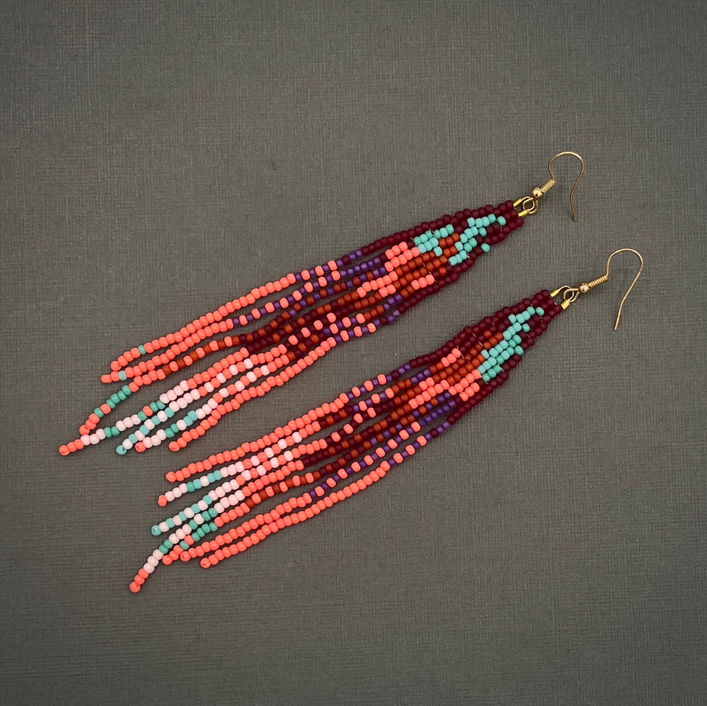 Handmade Coral Turquoise Woven Fringe Beaded Dangle Earrings