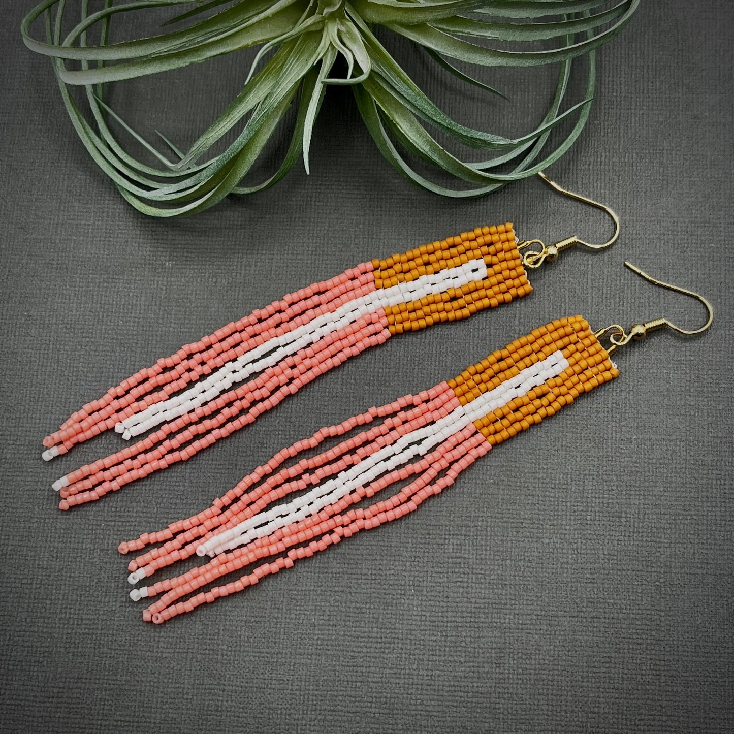 Handmade Coral, Amber and White Miyuki Delica Woven Fringe Beaded Dangle Earrings