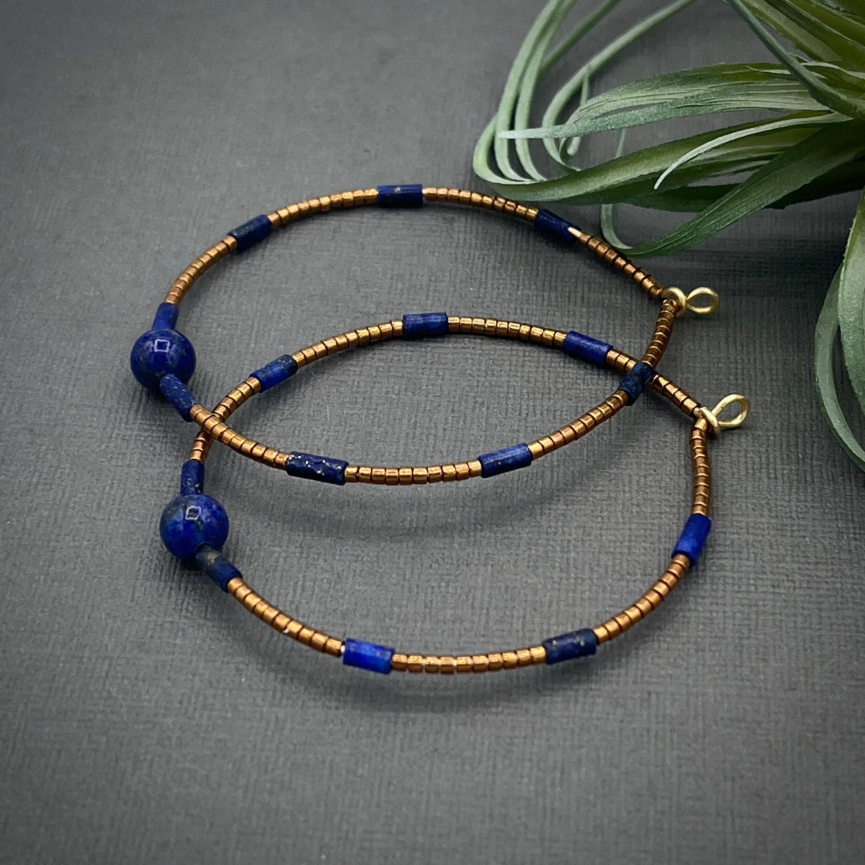 Genuine Gemstone Lapis Lazuli Blue and Bronze Miyuki Large Hoop Earrings