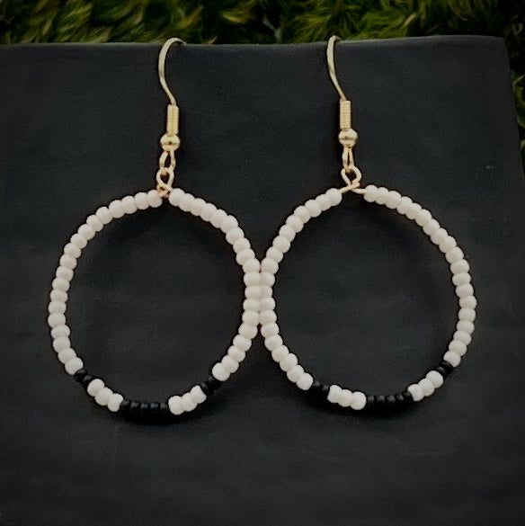 Tribal Black and White Seed Beed Drop Hoop Earrings