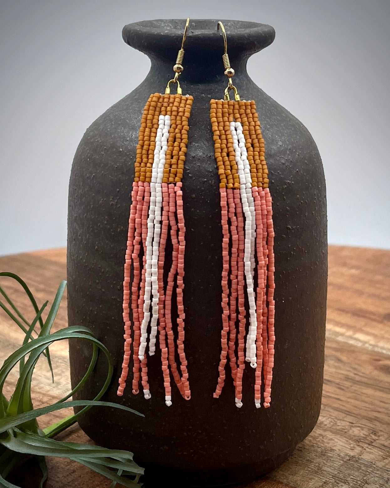 Handmade Coral, Amber and White Miyuki Delica Woven Fringe Beaded Dangle Earrings