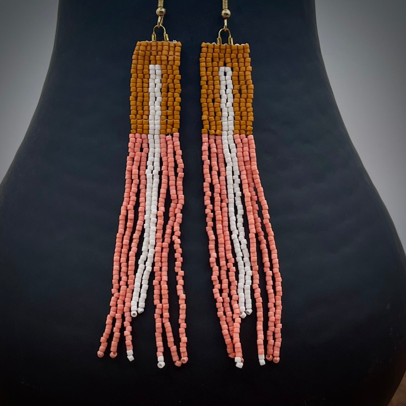 Handmade Coral, Amber and White Miyuki Delica Woven Fringe Beaded Dangle Earrings