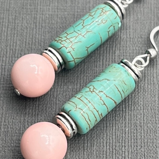 Turquoise Howlite and Pink Dangle Earrings
