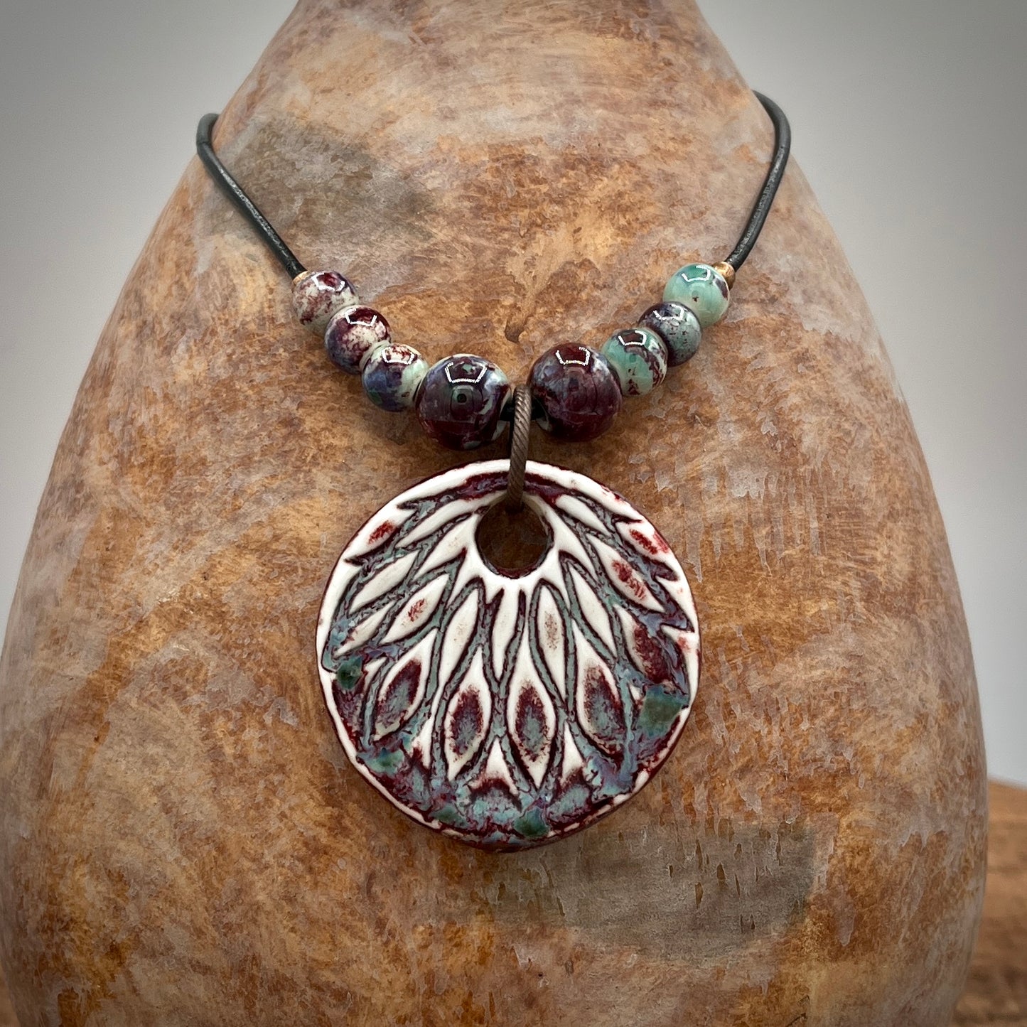Ceramic Pendant Leather Necklace