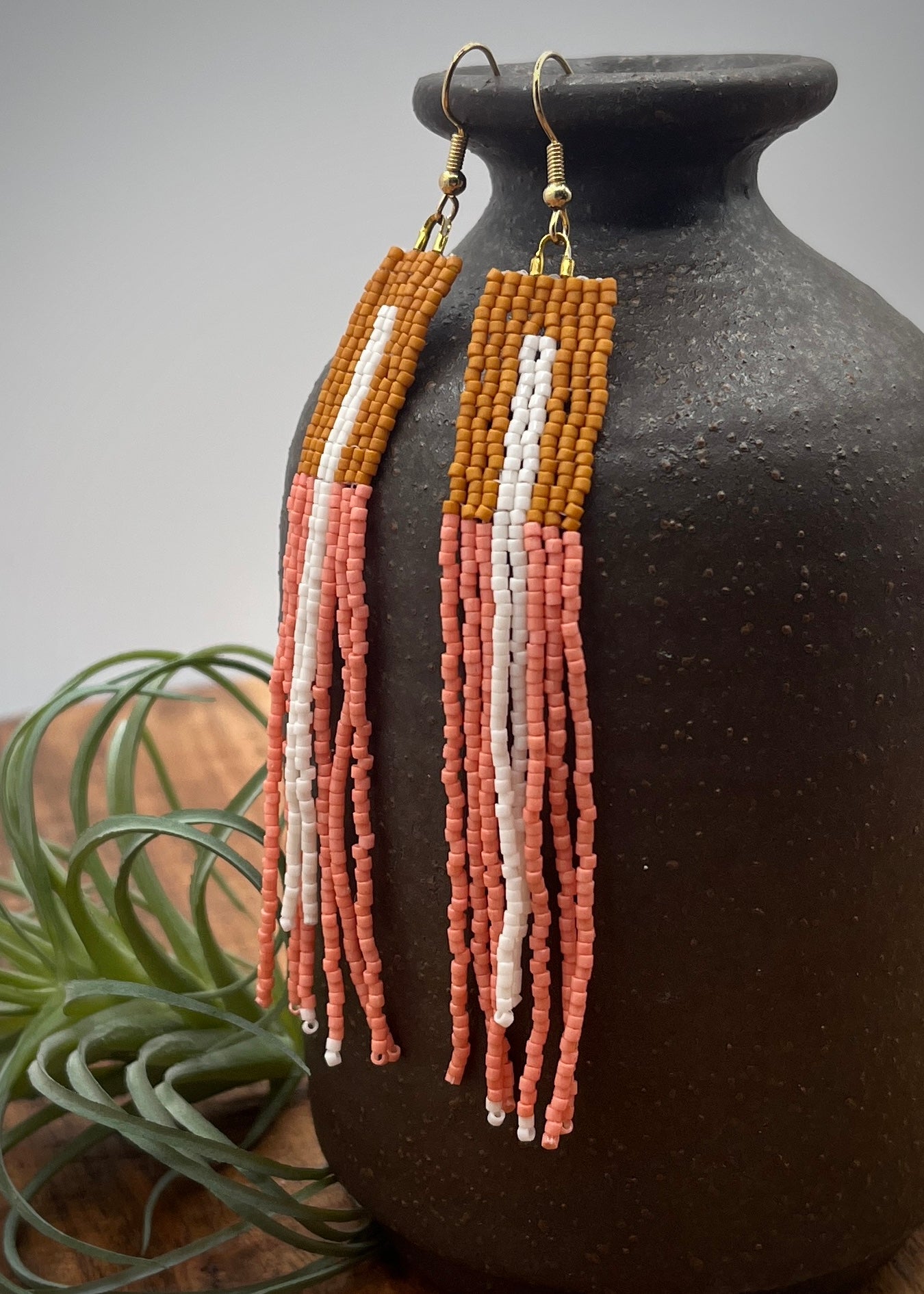 Handmade Coral, Amber and White Miyuki Delica Woven Fringe Beaded Dangle Earrings