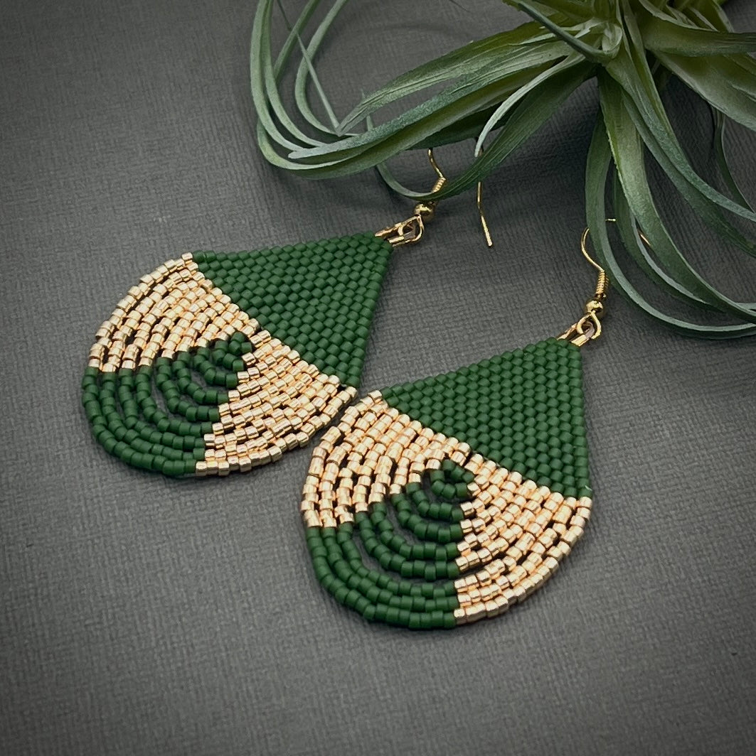 Deep Green and Gold Hand Woven Drop Beaded Earrings