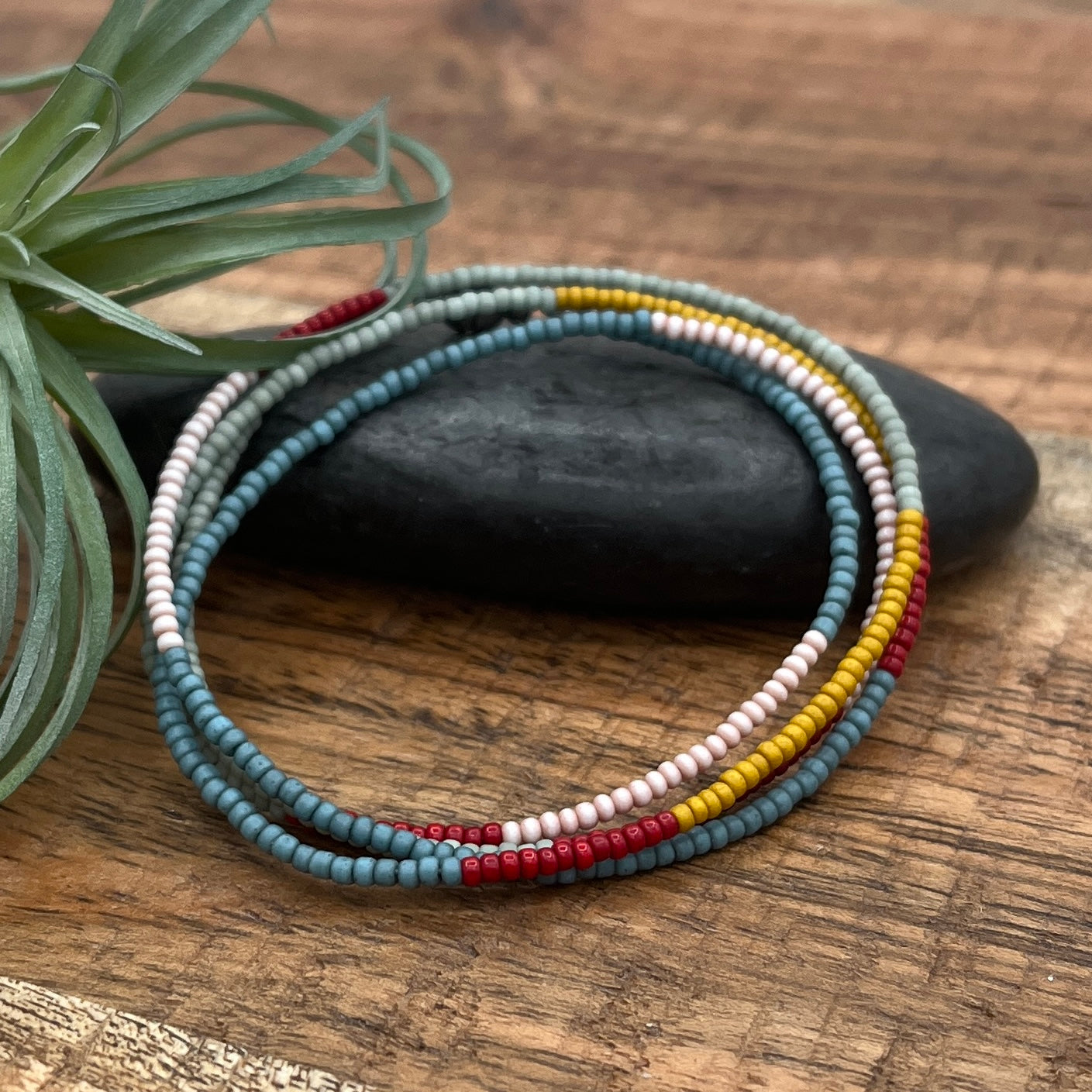 Five Layer Multicolored Bright Red, Mustard, Denim, Sage and Pink Beaded Bracelet