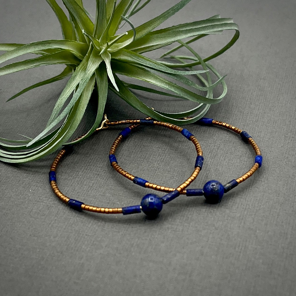 Genuine Gemstone Lapis Lazuli Blue and Bronze Miyuki Large Hoop Earrings