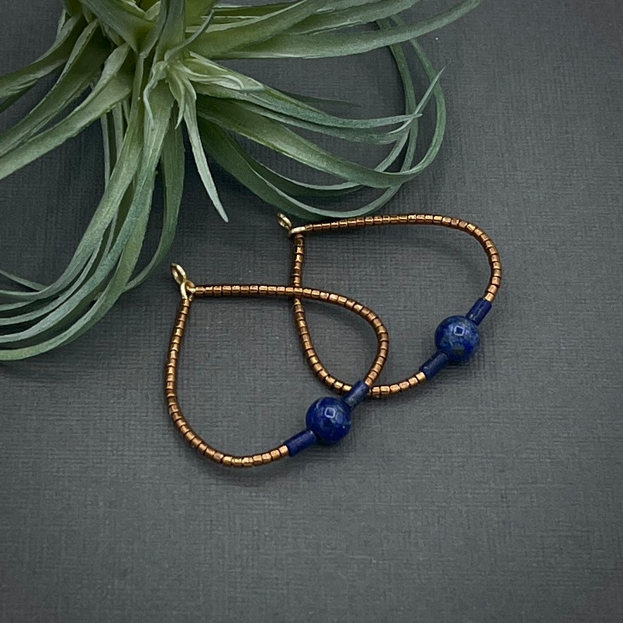 Genuine Gemstone Lapis Lazuli Blue and Bronze Miyuki Triangular Drop Earrings