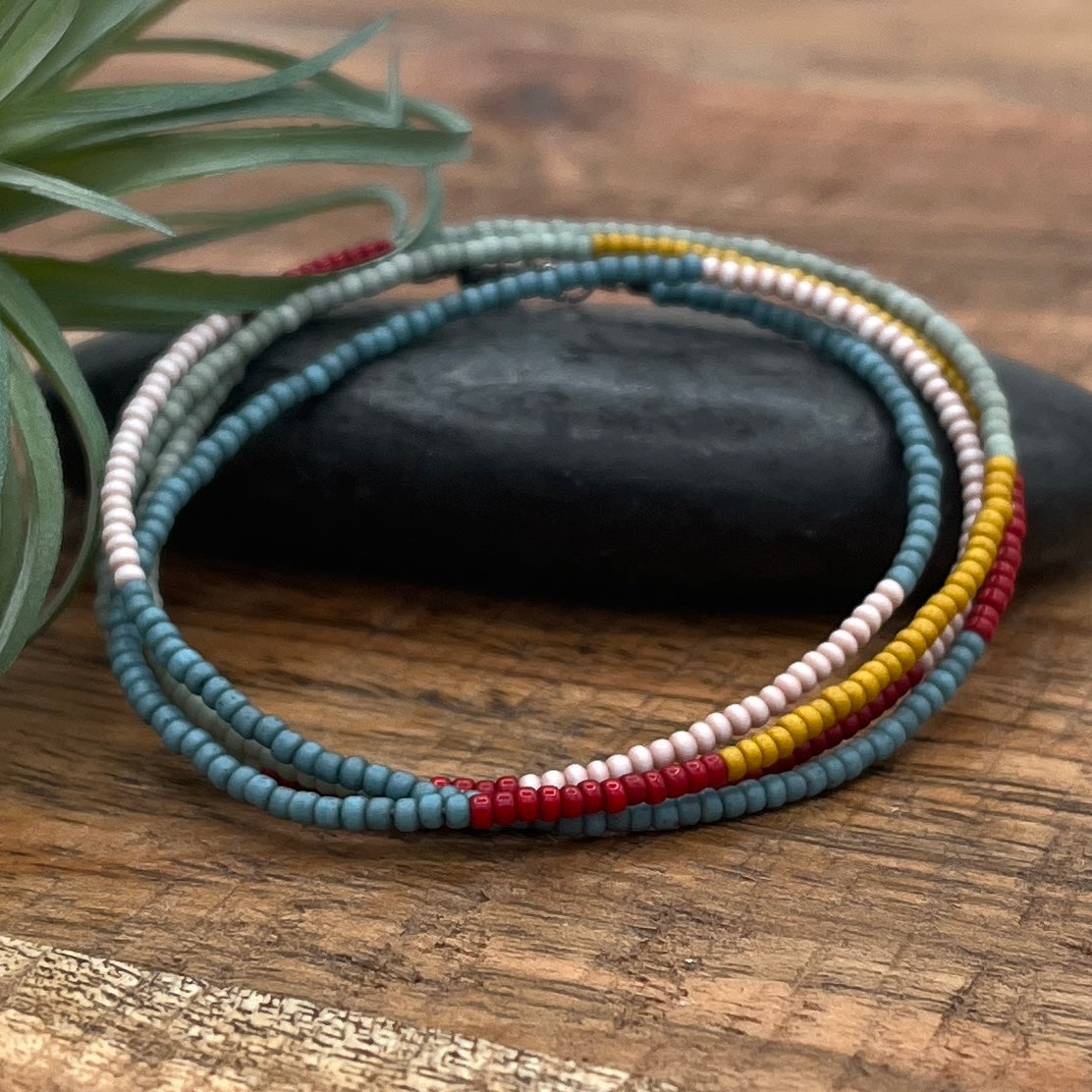 Five Layer Multicolored Bright Red, Mustard, Denim, Sage and Pink Beaded Bracelet