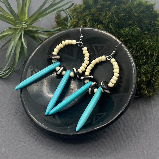 Tribal Turquoise and Bone Beaded Hoop Earrings