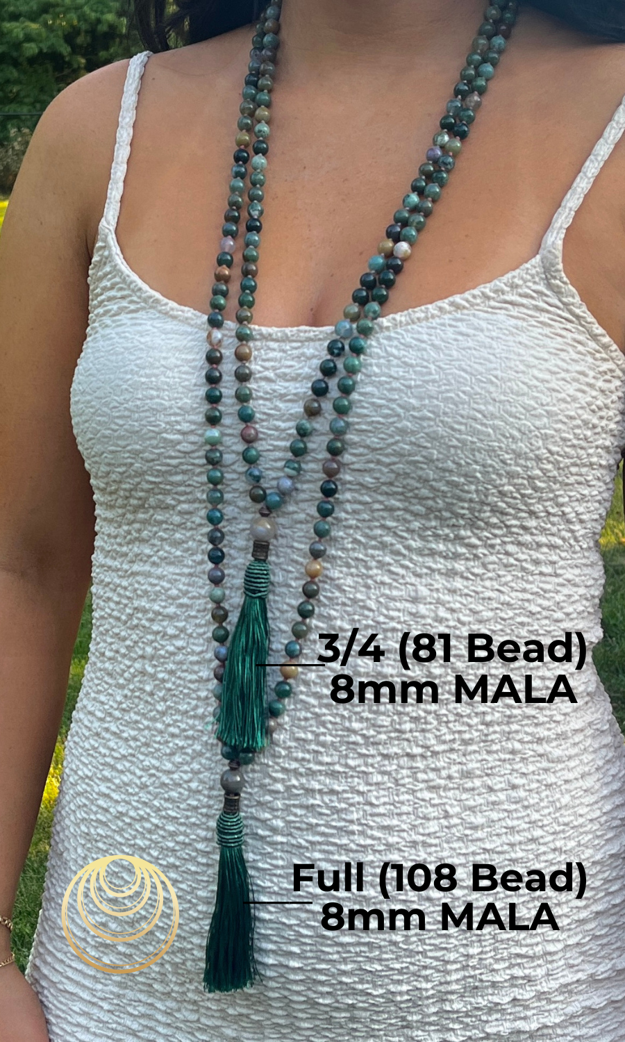 Moss Agate and Rose Quartz Japa Mala Necklace with Silver Accents and Moss Agate Donut Pendant