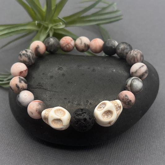 Pink Zebra Jasper Bone Skull Halloween Bracelet with Lava Stone Accent Bead Men's Women's