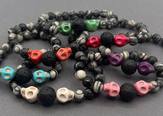 Skull and Netstone Gemstone Beaded Bracelet with Lava Stone Accent Men's Women's Halloween Bracelet