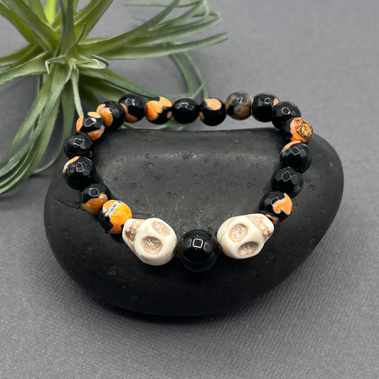 Orange Crackle Agate and Bone Skull Halloween Bracelet with Black Onyx Accent Bead Men's Women's