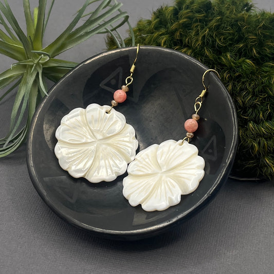 White Hibiscus Shell Pendant Earrings with Pink Shell Accent Bead and Gold Plated Ear Wires