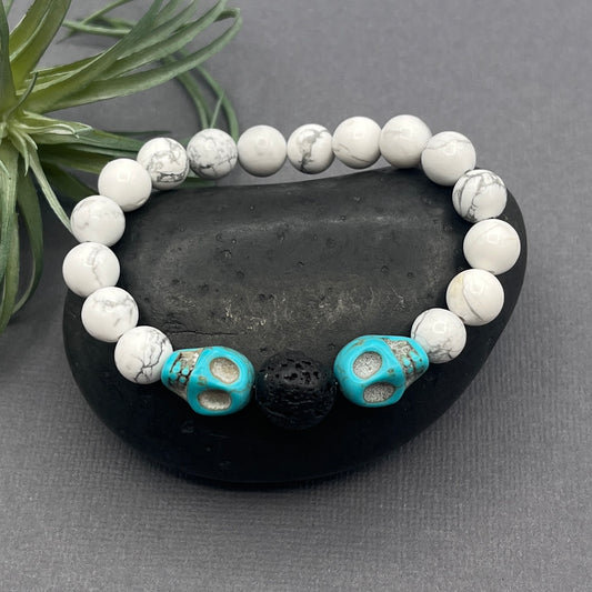 White and turquoise Howlite Skull Halloween Bracelet with Lava Stone Accent Bead Men's Women's