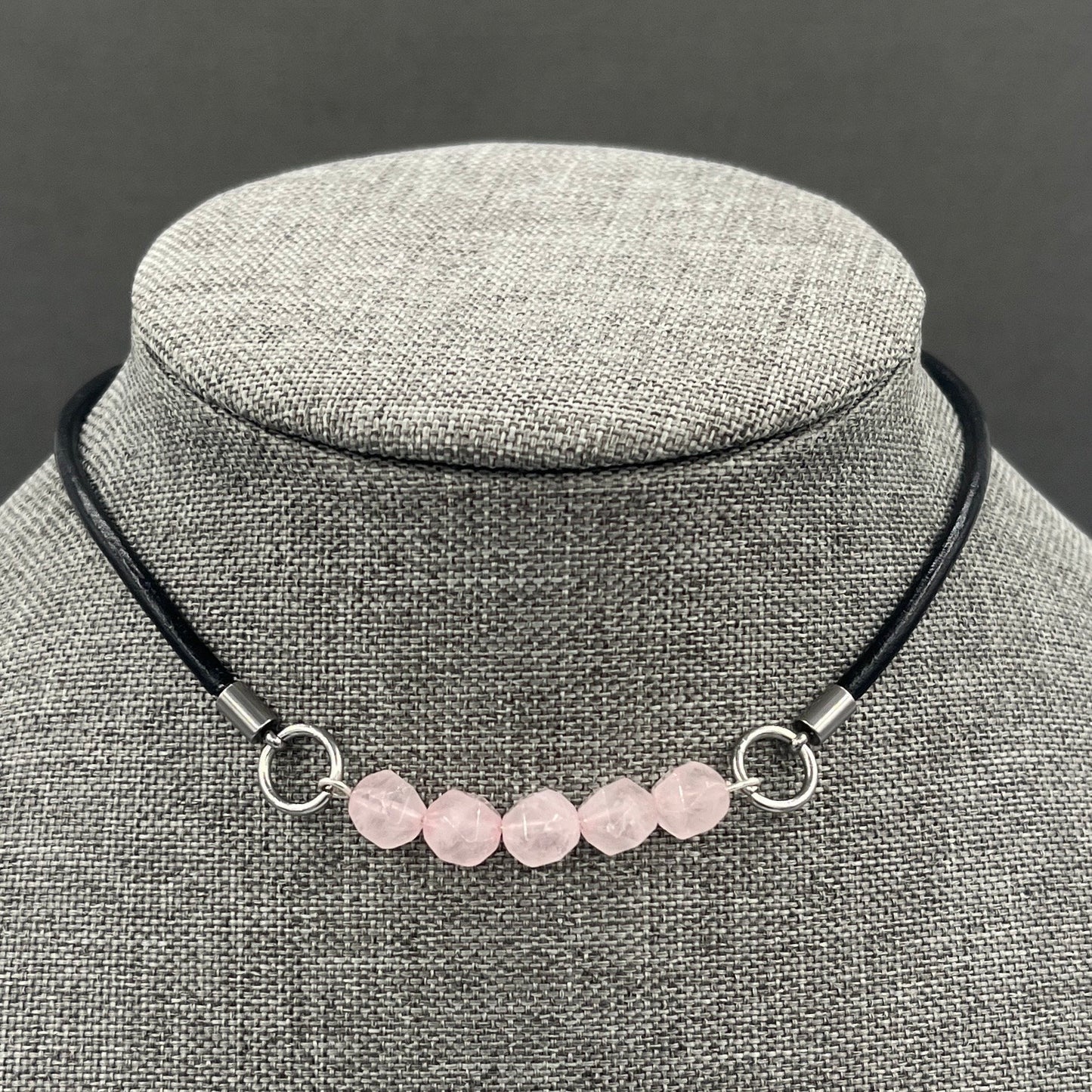 Leather Choker Necklace Rose Quartz Necklace Gemstone Necklace Pink Stone Necklace