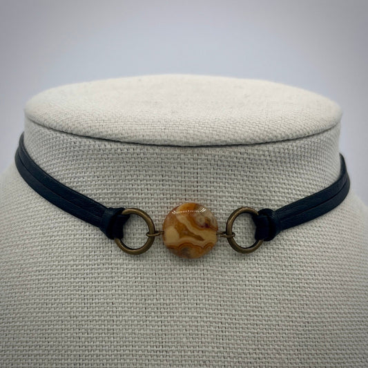 Crazy Lace Agate Gemstone Necklace with a Leather Band and Bronze Accents, Emo Jewelry, Leather Choker