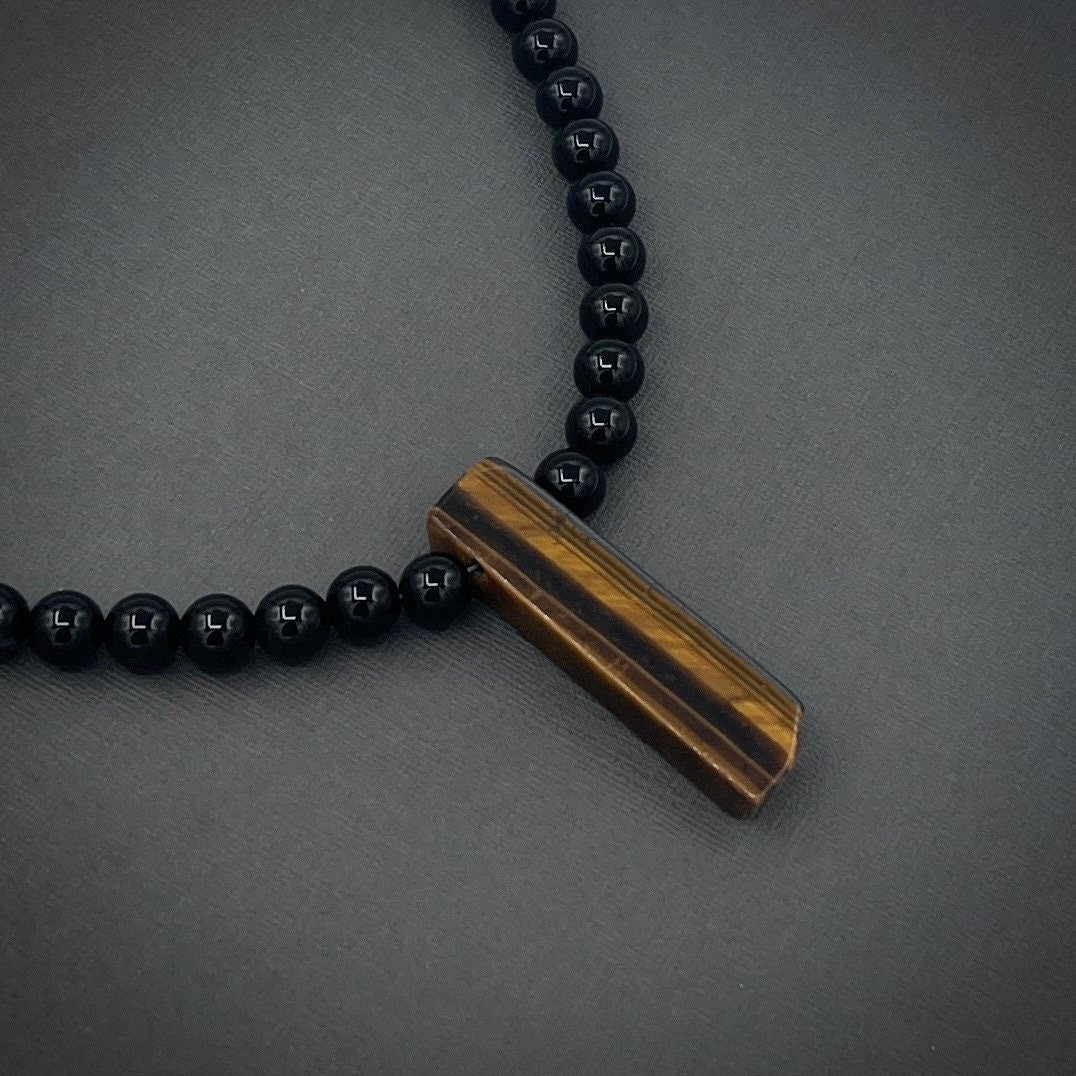 Men's/Masculine Beaded Collar Length Black Onyx and Tiger's Eye Pendant Gemstone Necklace.