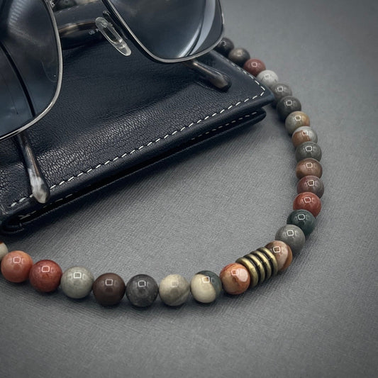 Men's/Masculine Beaded Collar Length Polychrome Jasper/Desert Jasper Gemstone Necklace with Antique Bronze Accents