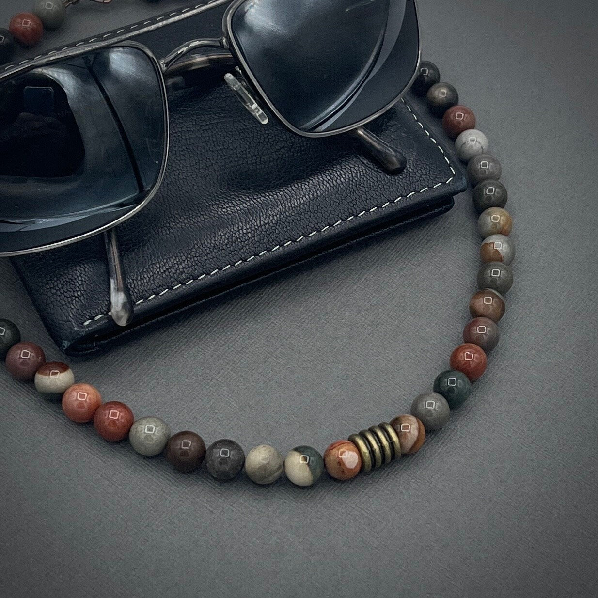 Men's/Masculine Beaded Collar Length Polychrome Jasper/Desert Jasper Gemstone Necklace with Antique Bronze Accents