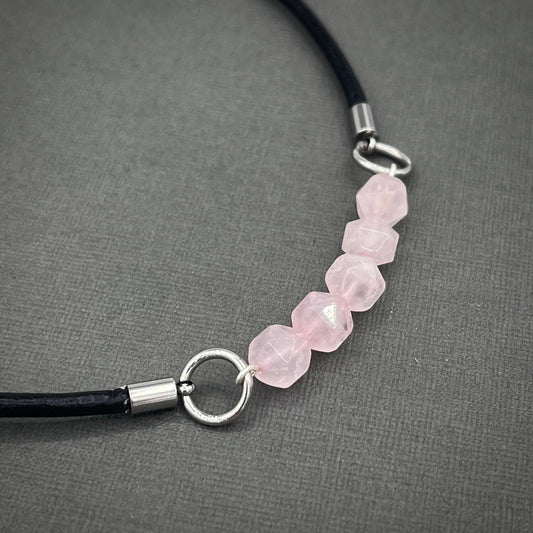 Leather Choker Necklace Rose Quartz Necklace Gemstone Necklace Pink Stone Necklace
