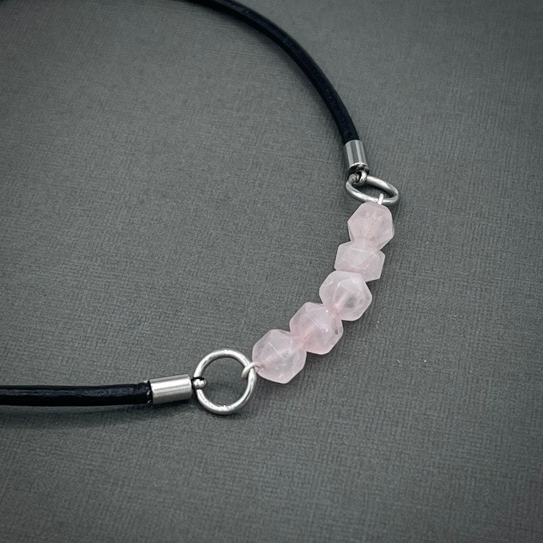 Leather Choker Necklace Rose Quartz Necklace Gemstone Necklace Pink Stone Necklace