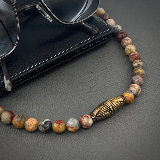 Men's/Masculine Beaded Collar Length Crazy Lace Agate Gemstone Necklace with Antique Bronze Accents
