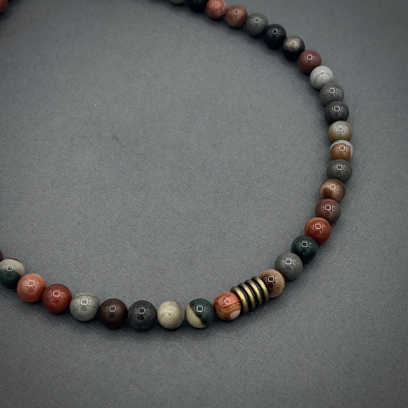 Men's/Masculine Beaded Collar Length Polychrome Jasper/Desert Jasper Gemstone Necklace with Antique Bronze Accents