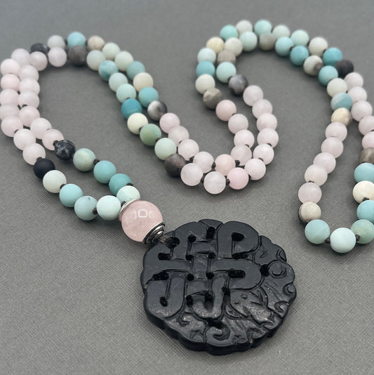 Amazonite and Rose Quartz Japa Mala Necklace, Necklace with tassel, Yoga gift, Meditation Beads, Yoga Beads, BoHo necklace,  Prayer Beads