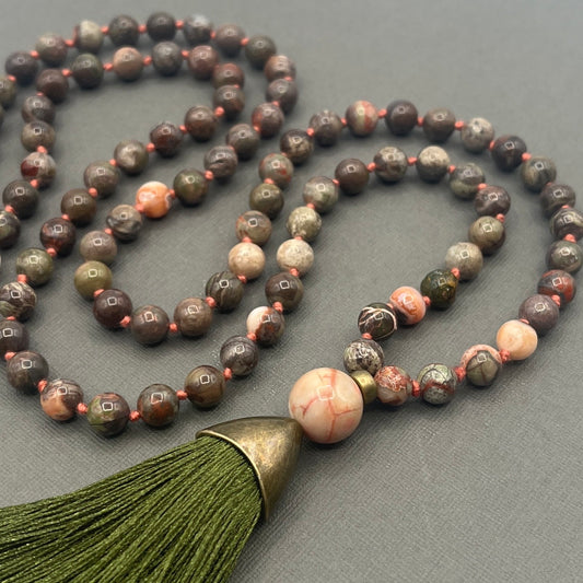 Rainforest Jasper Mala Necklace, Necklace with tassel, Yoga gift, Meditation Beads, Yoga Beads, BoHo necklace,  Prayer Beads