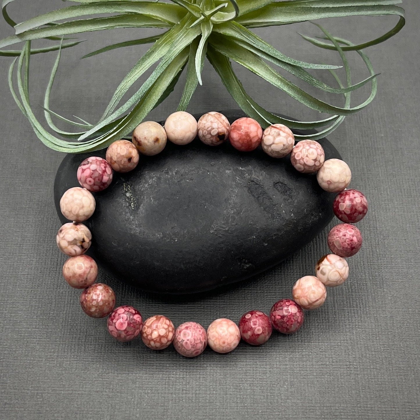 Pink Coral Fossil Gemstone Bracelet, 8mm Smooth Round Beaded Stretch Bracelet, beaded bracelet, Healing Bracelet, yoga jewelry